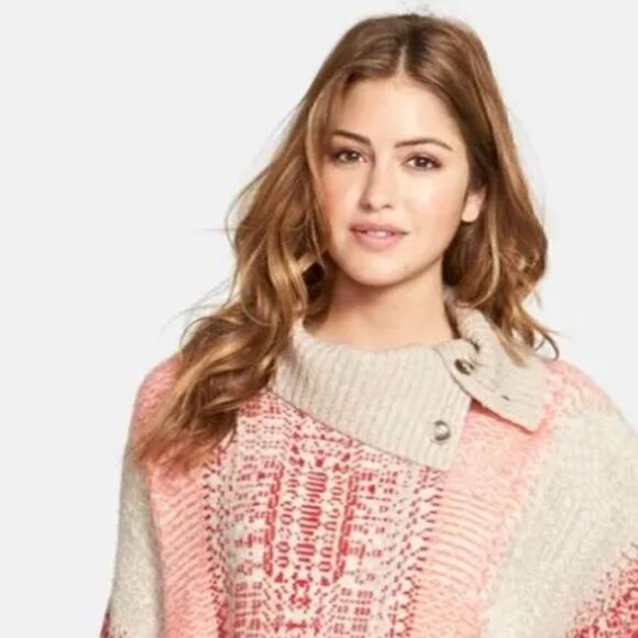 Caslon Jacquard Button Cowl Neck Sweater-Knit Poncho Red Salmon Gray Siz… - Picture 4 of 17